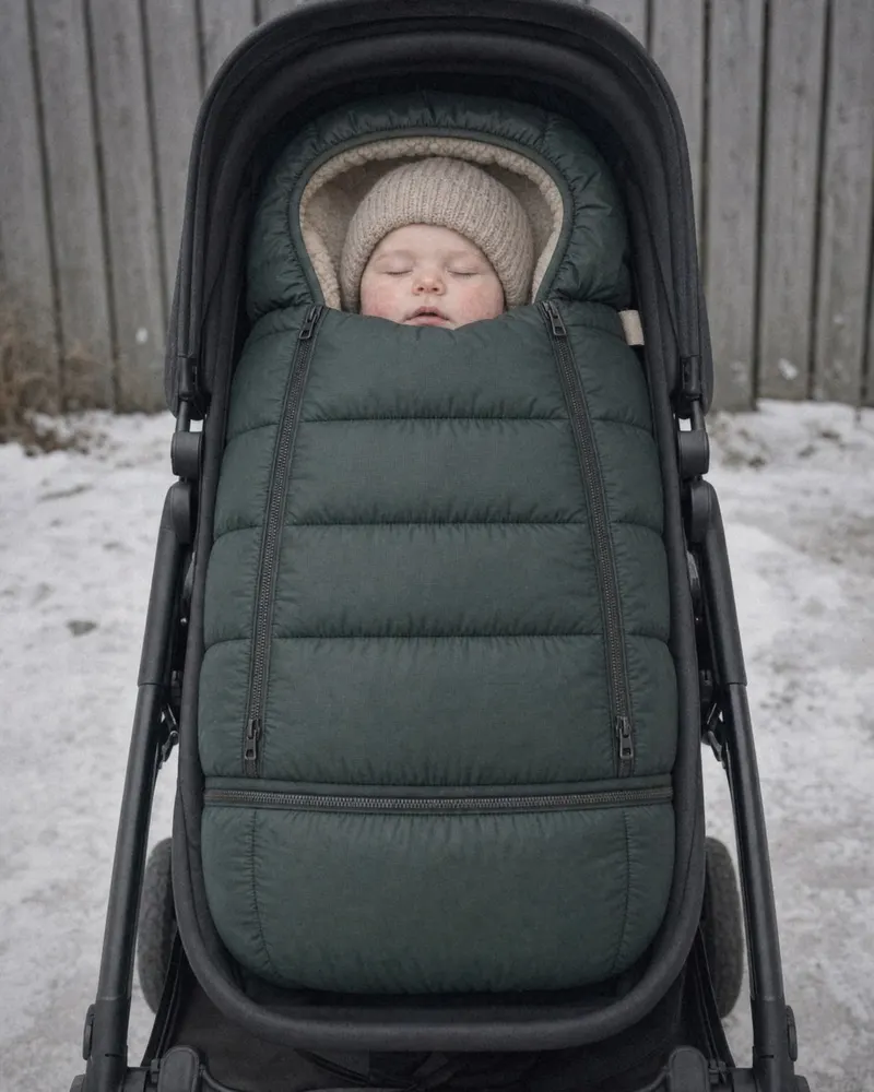 Sovande barn med stickad mössa i en mörkgrön åkpåse i en barnvagn, sett framifrån