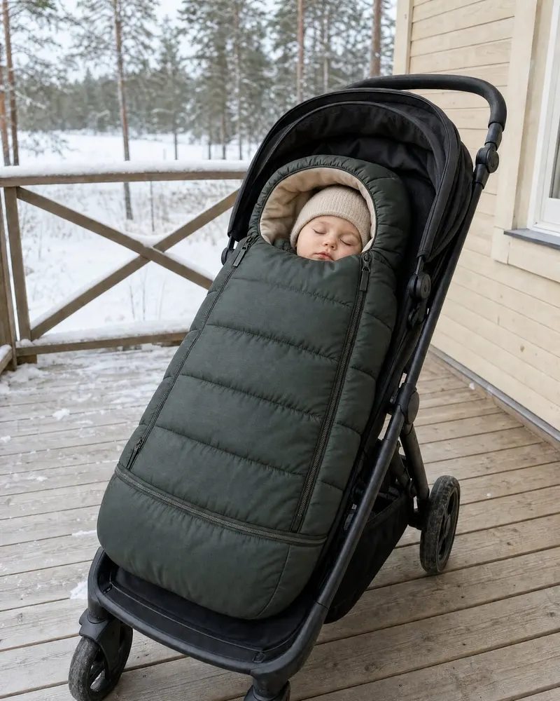 Sovande barn i en mörkgrön åkpåse i en barnvagn på en snöig altan