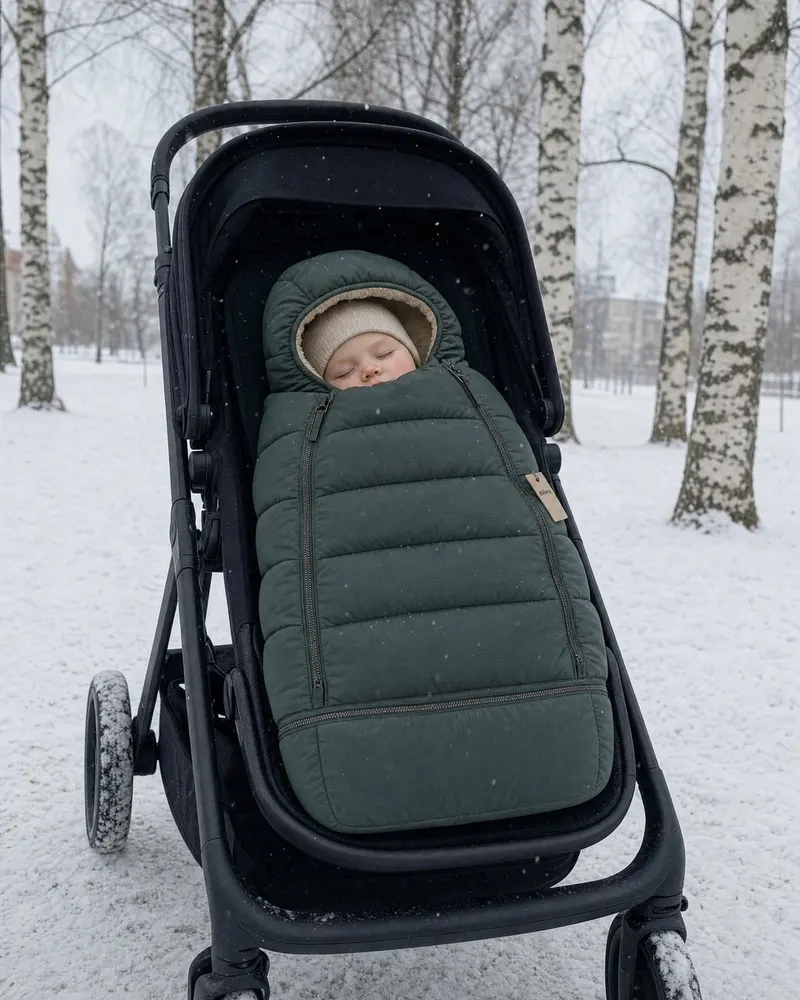 Sovande barn i en mörkgrön åkpåse i en barnvagn bland björkar i snön
